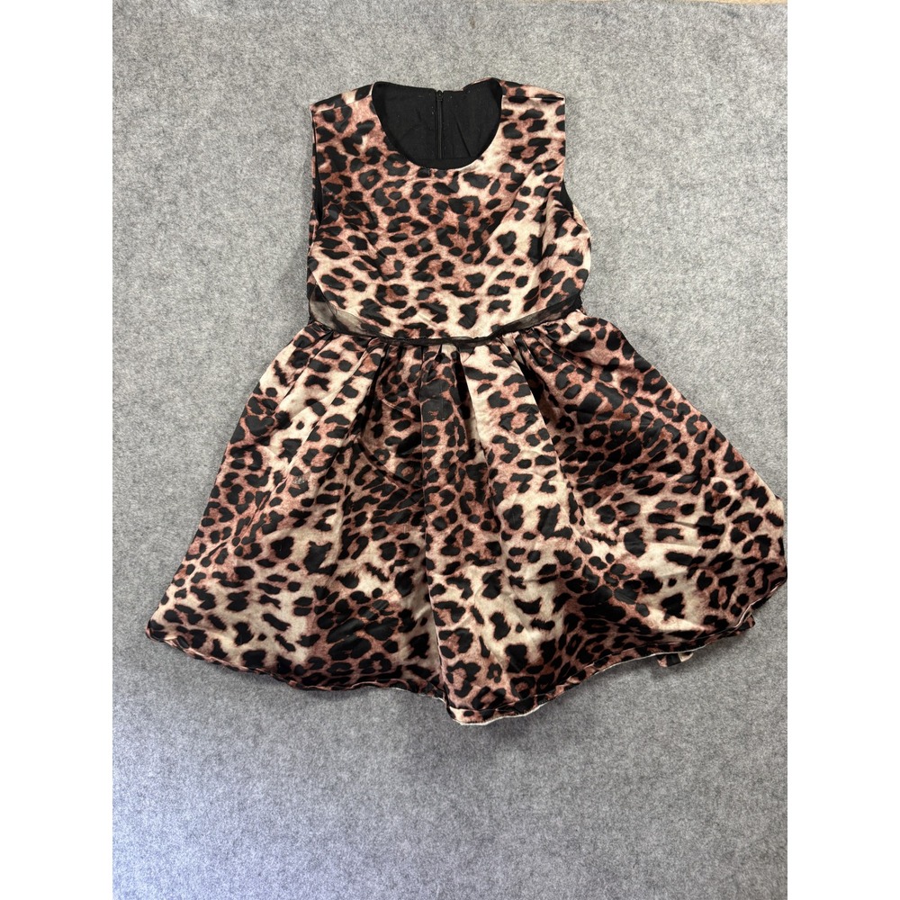 Unbranded Leopard Print Fit and Flare Girls Dress Size 6 Brown Satin Formal